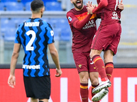 Lorenzo Pellegrini of AS Roma celebrates after scoring first goal during the Serie A match between AS Roma and FC Internazionale at Stadio O...