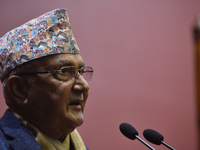 Prime Minister of Nepal KP Sharma Oli addressing in the National Assembly before end of the winter session on Sunday, January 10, 2021. Pres...
