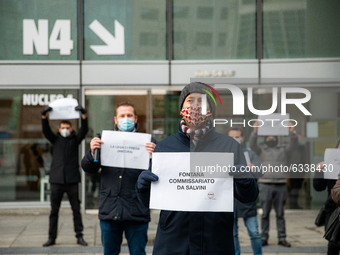 Supporters of Movimento 5 Stelle Party take a  flash mob in front of Palazzo Lombardia to protest against the new Regional Government in Lom...