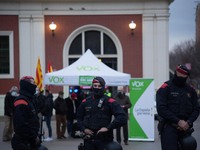 Police protect information tent of the political party Vox.
Close to the elections of the Generalitat of Catalonia, the Spanish extreme righ...