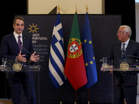 Portuguese Prime Minister Antonio Costa (R ) and Greek Prime Minister Kyriakos Mitsotakis hold a joint press conference after their meeting...