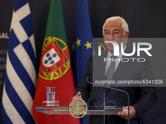 Portuguese Prime Minister Antonio Costa and Greek Prime Minister Kyriakos Mitsotakis (not seen) hold a joint press conference after their me...