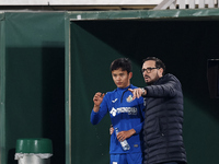 Jose Bordalas head coach of Getafe gives instructions to Takefusa Kubo during the La Liga Santander match between Elche CF and Getafe CF at...