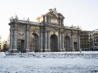 view Puerta de Alcalá after the snowfall in Madrid caused by the storm 'Filomena', in Madrid, Spain, on January 12, 2021.  (