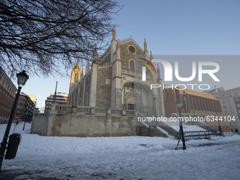 view Los Jerónimos after the snowfall in Madrid caused by the storm 'Filomena', in Madrid, Spain, on January 12, 2021.  (