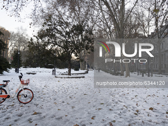 view paseo del Prado after the snowfall in Madrid caused by the storm 'Filomena', in Madrid, Spain, on January 12, 2021.  (