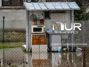 Flooded yard in the village of Petarch, Sofia region, Bulgaria 12 January, 2021 (