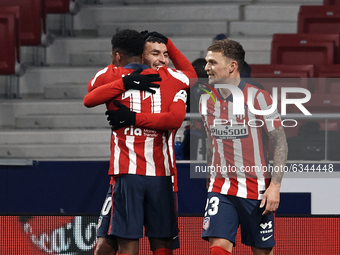 Angel Correa of Atletico Madrid celebrates after scoring his sides first goal during the La Liga Santander match between Atletico de Madrid...