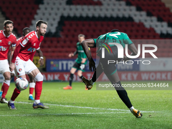 Kwadwo Baah of Rochdale kicks the ball during the Sky Bet League 1 match between Charlton Athletic and Rochdale at The Valley, London on Tue...
