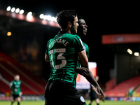 Kwadwo Baah of Rochdale celebrates with Jimmy Keohane after scoring his side third goal during the Sky Bet League 1 match between Charlton A...