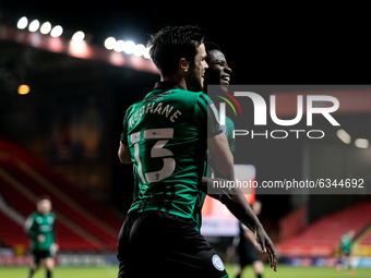Kwadwo Baah of Rochdale celebrates with Jimmy Keohane after scoring his side third goal during the Sky Bet League 1 match between Charlton A...