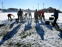 Football club near Madrid asks supporters to help clear snow from pitch in Madrid 13rd January, 2021.
The supporters of Rayo Majadahonda, a...