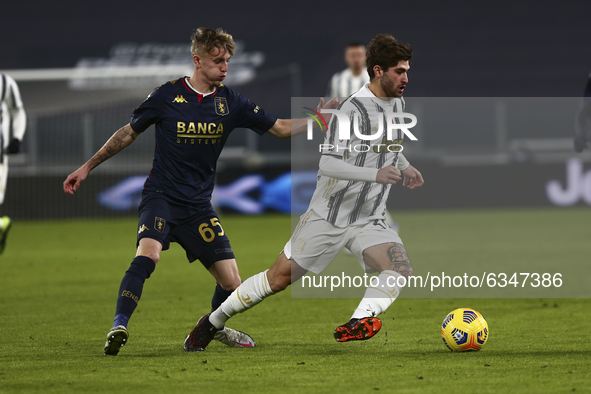 Manolo Portanova of Juventus FC and Nicol Rovella of Genoa CFC during the Italy Cup match between Juventus FC and Genoa CFC at Allianz Stadi...