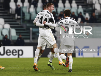 Dejan Kulusevski of Juventus FC celebrates with teammates after scoring a goal during the Italy Cup match between Juventus FC and Genoa CFC...