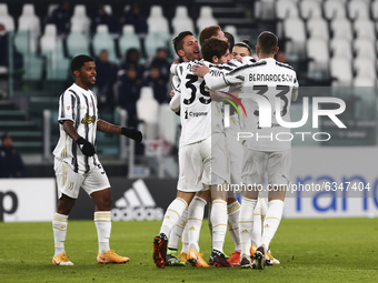 Dejan Kulusevski of Juventus FC celebrates with teammates after scoring a goal during the Italy Cup match between Juventus FC and Genoa CFC...
