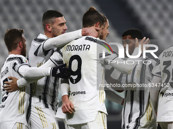 Alvaro Morata of Juventus FC celebrates with teammates after scoring  a goal during the Italy Cup match between Juventus FC and Genoa CFC at...