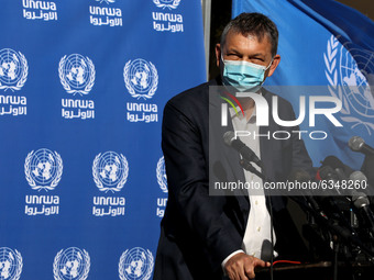 UNRWA's Commissioner-General Philippe Lazzarini, speaks during a press conference at the UNRWA headquarters, amid the outbreak of the corona...