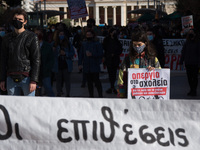 University students protest against the government-promoted university police in universities in Athens, Greece on January 14, 2021. (