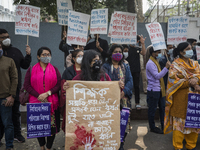 Students from Mastermind School and Bangladesh Mohila Porishad take part in a protest in front of Mastermind school on January 14, 2021,  as...