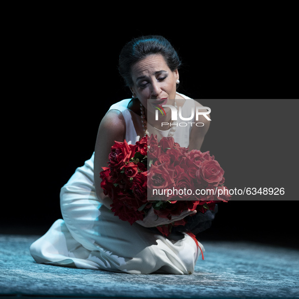 Soprano Maria Rey-Joly performs on stage during the 'Diva' Theatre Play, based on Maria Callas' life, at the Teatros del Canal on January 14...