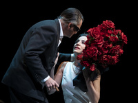 Soprano Maria Rey-Joly and tenor Antonio Comas perform on stage during the 'Diva' Theatre Play, based on Maria Callas' life, at the Teatros...