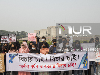 Students from Mastermind School and Bangladesh Mohila Porishad take part in a protest in front of Bangladesh National Parliament on January...