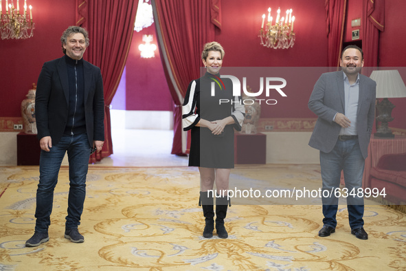 Jonas Kaufmann, Joyce DiDonato, Javier Camarena poses at the Teatro Real in Madrid, on January 14, 2021.Spain 