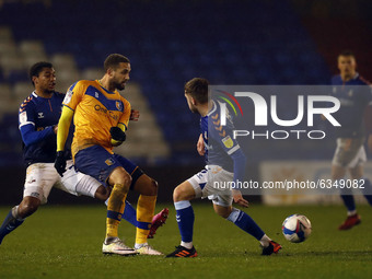  Mansfields Jordan Bowery plays the ball forward during the Sky Bet League 2 match between Oldham Athletic and Mansfield Town at Boundary Pa...
