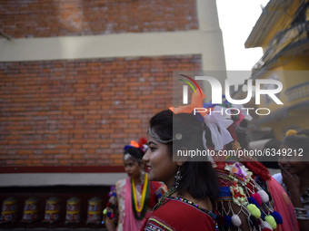 Nepalese Tharu community girls in a traditional attire during Maghi festival or the New Year at Kathmandu, Nepal on Thursday, January 14, 20...