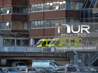 Two ambulances seen near the entrance to the Mater Misericordiae University Hospital in Dublin, during Ireland's third national lockdown. 
T...