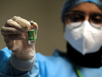 A vaccinator holds a vial of Serum Institute of India's (SII) COVID-19 vaccine called 'Covishield', during the vaccination programme at a ho...