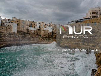 Strong wind and high waves hit the Lama Monachile cliff in Polignano a Mare on January 16, 2021.
The arrival of the 