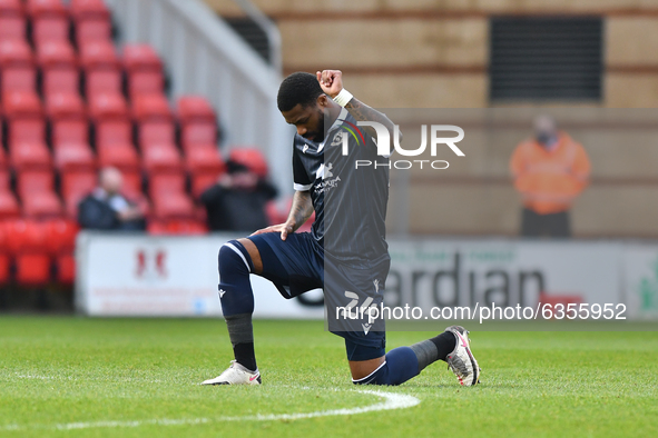 Yann Songo'o of Morecambe during the Sky Bet League Two match between Leyton Orient and Morecambe at The Breyer Group Stadium on January 16,...