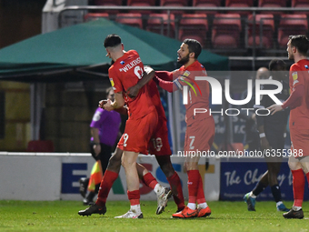 Tunji Akinola,Conor Wilkinson,Jobi McAnuff of Leyton Orient celebrate a goal during the Sky Bet League Two match between Leyton Orient and M...