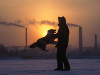 A man plays with a dog on the ice of the Gulf of Finland. The temperatures have reached minus fifteen degrees Celsius in St. Petersburg, Rus...