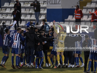 Alcoyano players celebrate after knocking out Real Madrid afer the round of 32 the Copa del Rey match between CD Alcoyano and Real Madrid at...