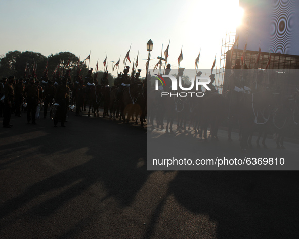 The President's Bodyguards (PBG) during the Beating Retreat ceremony rehearsals ahead of the Republic Day parade, at Raisina Hills on Januar...