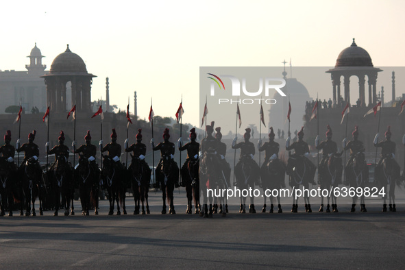 The President's Bodyguards (PBG) during the Beating Retreat ceremony rehearsals ahead of the Republic Day parade, at Raisina Hills on Januar...