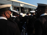 Indian Naval Force personnel board bus after the Beating Retreat ceremony rehearsals ahead of the Republic Day parade, at Raisina Hills on J...