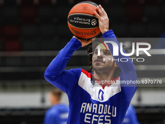 Shane Larkin of Anadolu Efes in action during warm-up ahead of the EuroLeague Basketball match between Zenit St. Petersburg and Anadolu Efes...
