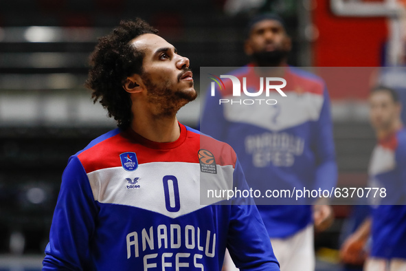 Shane Larkin of Anadolu Efes looks on during warm-up ahead of the EuroLeague Basketball match between Zenit St. Petersburg and Anadolu Efes...
