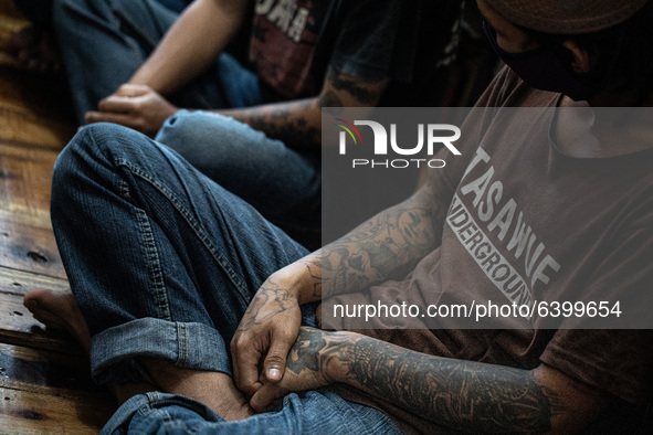Tattos from hand of a student. Islamic boarding school for punk and street children in Ruko Cimanggis, Ciputat, South Tangerang, Banten, Ind...