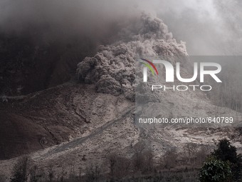 An image available on June 14, 2015, which shows the Sinabung volcano blobs emit a pyroclastic flow into the air after the latest eruption f...