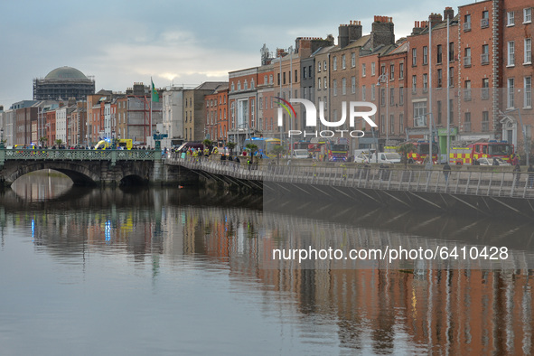 A general view of the accident scene in the center of Dublin. Dublin Fire Brigade officers this afternoon rescued a man from the River Liffe...