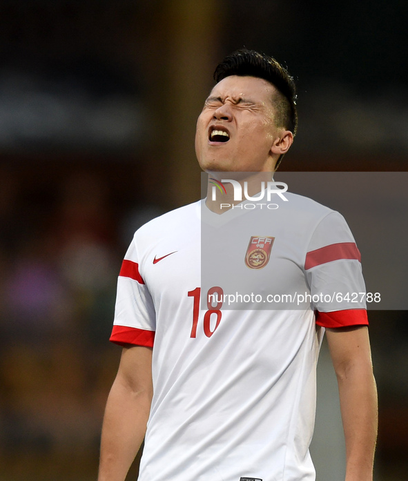 (150616) -- THIMPHU, June 16, 2015() -- Gao Lin of China reacts after a miss during the 2018 FIFA World Cup football qualifying match agains...
