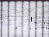 A man walks along the partially frozen Vistula river in Warsaw, Poland on February 13, 2021. The Polish government announced this week the r...