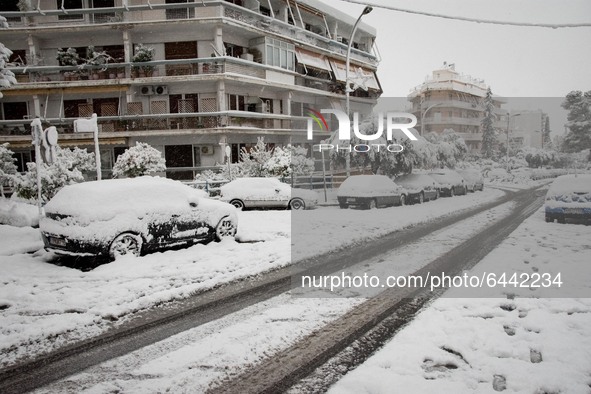 A snow covered road in the area of Zografou in Athens, Greece on February 16, 2021. The snowfall called 'Medea' showed up in Greece. 