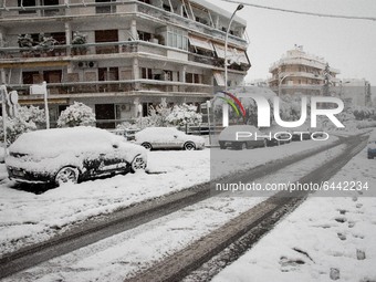 A snow covered road in the area of Zografou in Athens, Greece on February 16, 2021. The snowfall called 'Medea' showed up in Greece. (