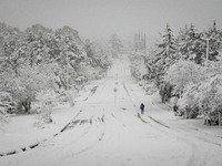 A snow covered road in the area of Zografou in Athens, Greece on February 16, 2021. The snowfall called 'Medea' showed up in Greece. (