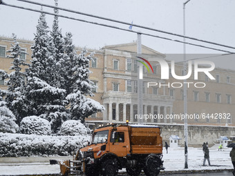 Syntagma, during a rare heavy snowfall in the city on February 16, 2021. (